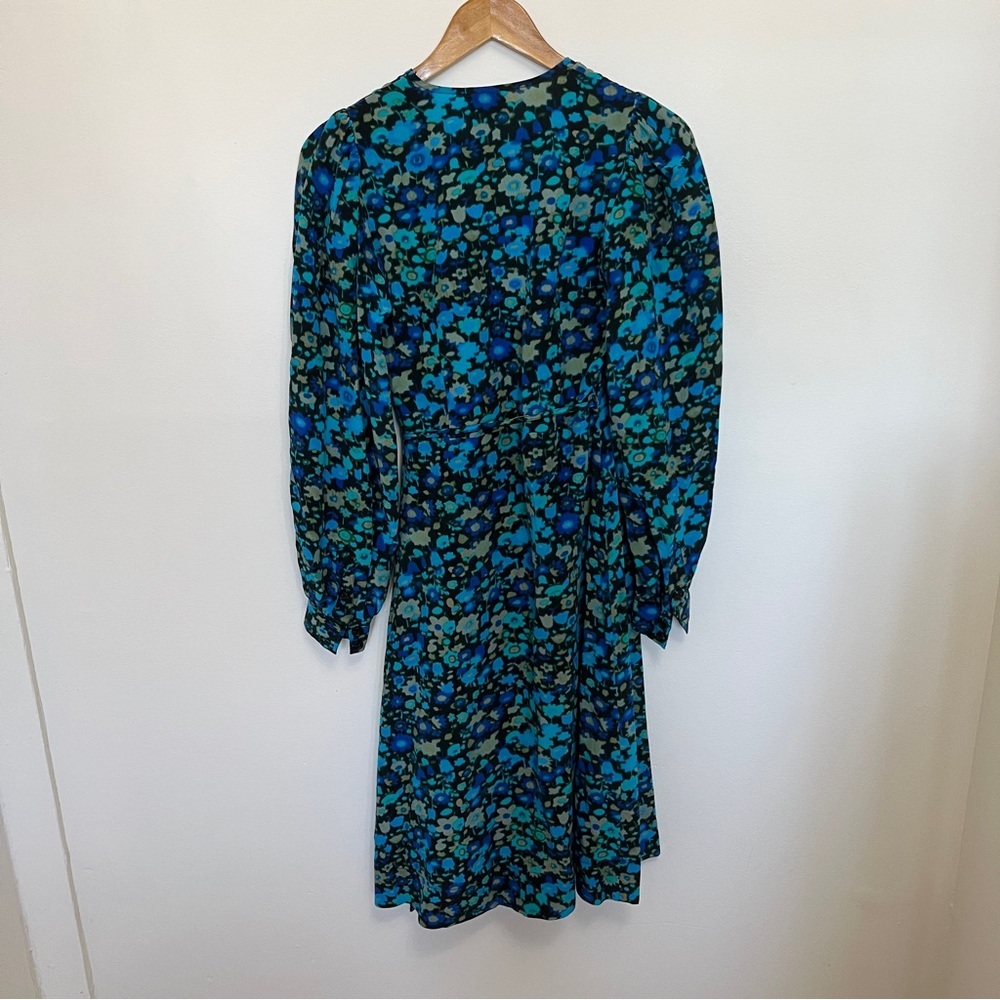 Ganni Blue Wrap Dress Azure Blue Floral V Neck Long Sleeve Silk Blend Sz 34 EU - Picture 6 of 6